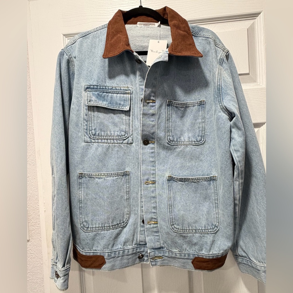 Light Wash Denim Jacket with Brown Corduroy Collar